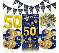 Decoration Anniversaire 50 ans Homme, Ballon 50 Bannière Banderole, Confettis Joyeux Anniversaire Fête Bleu Or