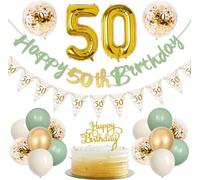 Decoration Anniversaire 50 Ans Vert Or Ballons Femme Vert Sauge Chiffre Ballon 50 Accessoires Fêtes avec Happy 50th Birthday Bannière Ballons Cake Topper Fête Fournitures Deco Fille Homme