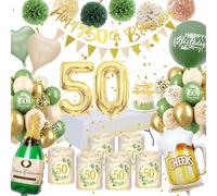 Decoration Anniversaire 50 Ans, WINAROI 50 Ans Décorations Anniversaire de Fête en Vert Or avec Photophore Décoration de Table, Nappe, Pompons Pour 50 Anniversaire Femme Homme Décoration