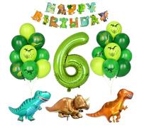 Décoration Anniversaire 6 Ans Dino Garçon, Ballons Hélium Vert Dinosaure Jungle Animal Avec Numéro 6, Bannière Joyeux Anniversaire, Accessoires Fête Enfant