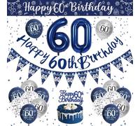Décoration Anniversaire 60 Ans Homme, Ballon Anniversaire 60 Ans, Décoration de Fête Anniversaire Ballon Bleu Argenté, Bannière Joyeux Anniversaire 60 Ans Ballon Confettis pour 60 Ans Homme Décoration