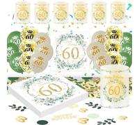 Décoration Anniversaire 60 Ans Homme Femme, Ballons Anniversaire Vert Or | Kit Déco 60 Ans Vert et Or: ballons latex, lanternes, serviettes et confettis, décoration de table homme femme