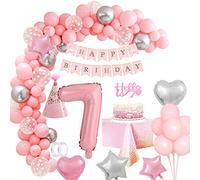 Décoration Anniversaire 7 Ans Fille - Ballon Géant Numéro 7, Bannière Joyeux Anniversaire, Nappe Rose, Arche Ballon pour Fête, Douche Bébé, Baptême