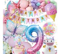 Decoration Anniversaire 9 Ans Fille, 9 Ans Ballons Décoration pour Anniversaire Enfant Décoration Licorne, Bannière Anniversaires Enfants, Ballon en Aluminium Licorne Papillon pour Filles
