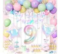 Decoration Anniversaire 9 Ans Fille, Pastel Ballons Anniversaires 9 Ans avec Bannière Kit, Ballons Pastel Multicolores, Ballon Numéro 9, Cœur Irisées Ballon, Irisés Décorations Anniversaire Fête Fille