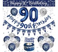 Décoration Anniversaire 90 Ans Homme, Ballon Anniversaire 90 Ans, Décoration de Fête Bleu Argenté, Bannière Happy Birthday Ballon Confettis pour 90 Homme Décoration