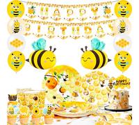 Decoration Anniversaire Abeille,Décorations de Fête Abeille & Vaisselle D'anniversaire Abeille - Bannière Anniversaire Abeille Ballons Cake Topper Assiettes Tasses Nappe etc Abeille Decoration