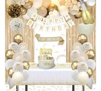 Decoration Anniversaire, Anniversaire Décorations Beige Blanc Or Ballons Kit Banderole Joyeux Anniversaire Pom Poms Confetti Echarpe Couronne Deco Rideau Nappe Couronne Anniversaire pour Fille Femme