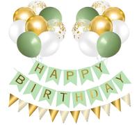 Decoration Anniversaire, Banderole Happy Birthday, Ballons Anniversaire Vert Or, 16 Pièces 12 Pouces Ballons Vert Blanc Doré Confettis et Banderole Joyeux pour Décoration D'anniversaire Homme Femme