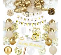 Décoration Anniversaire Blanc Or - Bannière Joyeux Anniversaire, Ballons Happy Birthday, Pom Poms, Confettis - Pour 18 21 30 40 50 60 70 Ans Fille Femme