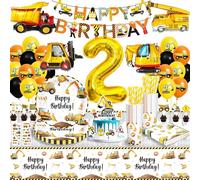 Decoration Anniversaire Chantier 2 Ans, Anniversaire 2 Ans Garcon Party Vaisselle, Chantier Kit Vaisselles Anniversaire Anniversaire avec Bannière Ballons, Fête D'anniversaire pour Garçon 16 invités