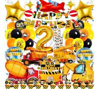 Decoration Anniversaire Chantier 2 Ans Garçon - 48 Pièces Kit Thème Véhicules de Construction - XXL Ballons Excavatrice, Bannièr, Décorations Gâteau, Tatouage Autocollants - Pour Fête Enfant 2 Ans