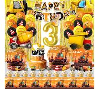 Decoration Anniversaire Chantier 3 Ans,Ballon Chantier Anniversaire Enfant,Construction Thème Fête Décoration,Excavatrice Vaisselle Kit Garçons Filles avec Nappe Assiette Déco Gâteaux