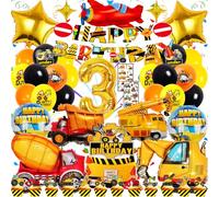 Decoration Anniversaire Chantier 3 Ans Garçon - 48 Pièces Kit Thème Véhicules de Construction - XXL Ballons Excavatrice, Bannièr, Décorations Gâteau, Tatouage Autocollants - Pour Fête Enfant 3 Ans