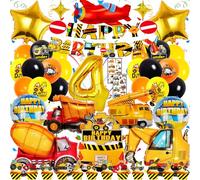 Decoration Anniversaire Chantier 4 Ans Garçon - 48 Pièces Kit Thème Véhicules de Construction - XXL Ballons Excavatrice, Bannièr, Décorations Gâteau, Tatouage Autocollants - Pour Fête Enfant 4 Ans