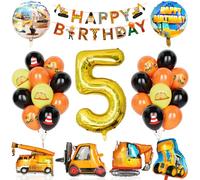 Decoration Anniversaire Chantier 5 Ans, 29Pcs Fournitures Fête Construction Avec Bannière, Ballon Numéro 5 Avec Bulldozer Grue Chariot Élévateur Ballons Pelle Pour Garçons Enfant Fête Construction