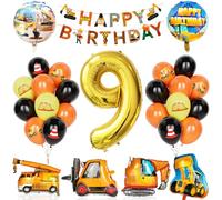Decoration Anniversaire Chantier 9 Ans, 29Pcs Fournitures Fête Construction Avec Bannière, Ballon Numéro 9 Avec Camion Ciment Grue Chariot Élévateur Ballons Pelle Pour Garçons Enfant Fête Construction