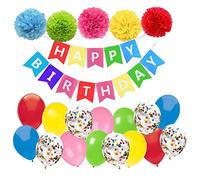 Decoration Anniversaire Coloré Happy Birthday Bannière Guirlande avec Pompons Coloré Ballons Coloré Confettis Ballons pour Joyeux anniversaire Déco Fille Garcon