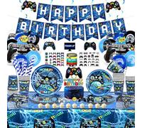 Décoration Anniversaire de Fête de Jeu Vidéo pour Garçons et Joueurs,Y Compris Assiettes, Deco Gateau Playstation ,Tasses, Serviettes, Nappes, D'autocollants , Bannières et Ballons (20 Invités)