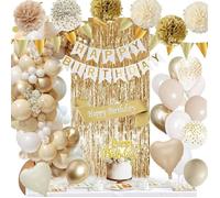 Decoration Anniversaire Décorations Beige Bnc Or Ballons Kit avec Banderole Joyeux Pom Poms Confetti Echarpe Rideau Beige Bnc