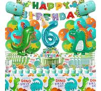 Décoration Anniversaire Dinosaure 104 Pcs,Dinosaures Anniversaire 6 Ans Garçon Fille,Jungle Dinosaures Vaisselle Set avec Nappe Assiette Gobelet,Ballon Dinosaure Hélium Deco Fête Kit