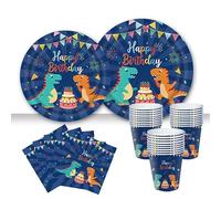 Décoration Anniversaire Dinosaure Garçon Ensemble Vaisselle Jetable Thème Dino Bleu avec Nappe Gobelets Ballons Assiettes Serviettes pour Fête Enfant Jungle Préhistorique 3 Ans et Plus