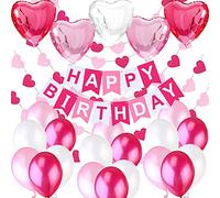 Décoration Anniversaire Fille Deco - 1 Banderole Banniere Joyeux Anniversaire “Happy Birthday” +5 Ballons Aluminium Coeur + 6 metres Guirlande + 18 Ballons Rose Blanc