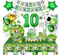 Decoration Anniversaire Foot 10 ans, Decoration Anniversaire Garcon 10 ans, Kit d'Anniversaire Football, Ballons Football Assiettes en Papier, Serviettes, Nappe, Bannières,Deco d'Anniversaire Football