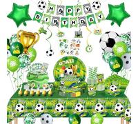 Decoration Anniversaire Foot, Decoration Anniversaire Garcon, Kit d'Anniversaire Football, Ballons Football Assiettes en Papier, Serviettes, Nappe, Bannières,Deco d'Anniversaire Football(16 Personnes)