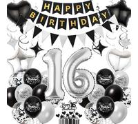 Decoration Anniversaire Garçon 16 ans Ballons - Noir Argenté Décoration Banderole Happy Birthday Nombre Ballon, Tourbillons Guirlande Joyeux Anniversaire pour une 16e Fête Déco
