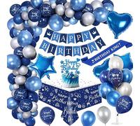 Décoration Anniversaire Garçons Homme Chrome Bleu Argent,Royal Bleu Ballons Arch Kit avec Joyeux Anniversaire Bannière Cake Topper Nappe Foil Ballon pour Décoration Fête Anniversaire