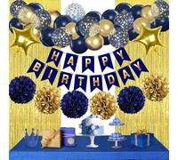 Décoration Anniversaire Homme bleu marine or,Royal Bleu or Ballons,Guirlande Happy Birthday,Pompons Papier, bannière et rideau feuille d'aluminium,pour Adulte hommes femmes