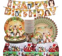Decoration Anniversaire Jungle D'automne,Set de Table pour la Fête Des Animaux de la Jungle,Pour 20 Invités, Bannière HAPPY BIRTHDAY,Assiette Jungle, Gobelets,Serviettes et Nappes
