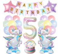 Decoration Anniversaire Licorne 5 Ans Fille - Deco d'Anniversaire Ballons Bannière Joyeux Anniversaire, Décoration Gâteau et Ballon Chiffres pour Fête Enfants