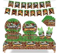 Decoration Anniversaire Minecraft, 82 Pcs Mine-craft Anniversaire Vaisselle Comprend Bannières, Assiette, Gobelet, Anniversaire