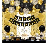 Decoration Anniversaire Noir Et Or, 55 Ballons Noir Et Or,Ballon Confettis Or, Banderole Joyeux Anniversaire, Rideau Frange Anniversaire, Kit Ballons Anniversaire Noir Pour Happy Birthday Decoration