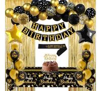 Decoration Anniversaire Noir et Or Ballons Anniversaire Kit, Banderole Happy Birthday, Rideau Doré, Nappe Noir et Or, Écharpe, Pompons, Gateau Decoration Table, Happy Birthday Party Homme Femme