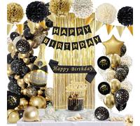Decoration Anniversaire Noir et Or Ballons Décorations Kit avec Banderole Joyeux Anniversaire Pom Poms Confetti Echarpe Rideau pour Homme Femme