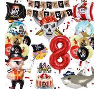 Décoration Anniversaire Pirate 8 Ans, Ballon Anniversaire Pirate Garcon | Pierres Précieuses Pièces D'or de Pirates Cadeaux, Decoration La Fête Bannière Deco Gâteau (Kit Annivers Garcon 8 Ans)
