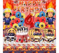 Décoration Anniversaire Pompier 4 Ans,Deco Pompier Thème Fête Ballon,Kit Anniversaire Enfant Vaisselle avec Nappe Assiette Déco Gâteaux,Camion Pompiers Ballons en Aluminium