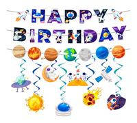 Decoration Anniversaire Theme Systeme Solaire Set - 1 Set Bannière de Joyeux dans l'Espace + 8 Pcs Vortex Suspendu du Système Solaire pour Deco Anniversaire Espace