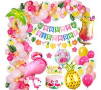 Décoration Anniversaire Tropicales Fille, Flamingo Kit Anniversaire Femmes avec Flamingo Foil Ballon, Bannière Anniversaire Hawaïenne,Cake Topper pour Summer Hawaiian Luau Tropical Anniversaire Fête