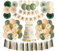 Décoration Anniversaire Vert Or, Ballons & Guirlande Happy Birthday | Kit avec Ballons, Pompons Papier, Franges, Étoiles & Cake Topper pour Femme, Fille et Fête