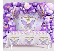 Décoration Anniversaire Violet pour Filles et Femmes - Ballons, Toile de Fond Happy Birthday, Nappe Papillon et Décoration de Gâteau