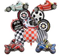 Décoration anniversaire voiture + Ballons en aluminium thème course + Kit complet 12 pièces + Multicolore + Grande taille