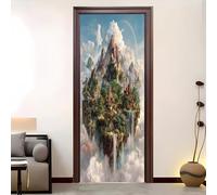 Décoration Autocollant Porte 83x205 cm Paysage D'îLe Flottante Fantastique Auto Adhésif Vinyle Affiche De Porte Sticker Mural Chambre Salle De Bain Vert Papier Peint Art Décor