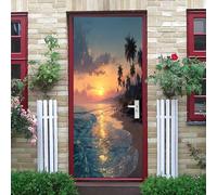 Décoration Autocollante de Porte 83x205 cm Paysage de Coucher de Soleil Sur La Plage Auto-Adhésif Vinyle, Affiche de Porte Décorative Bleu Papier Peint Art-Effet Trompe-l’Œil, Sticker Intérieur