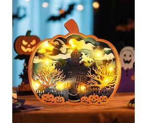 Decoration Automne, Deco Lanterne Citrouille Automne Interieur Avec LumièRe Led,Lanterne Citrouille Avec JéSus Et Maison En Bois, Convient Pour Les Ornements De Bureau (B)