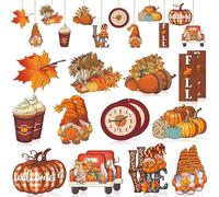Decoration Automne en Bois 24 Pièces Pendentif Décoration Automne de Bois Deco Suspendre Colorée Nain Feuille d'Érable Citrouille Déco d'automne Intérieur Thanksgiving Decor