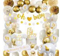 Decoration Baby Shower Garcon Filles, Decoration Bapteme Or Blanc avec Mummy to be Echarpe,Oh Baby Bannière, Ballons de Confetti pour Révélation de Genre Decoration